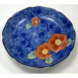 VTG 5.5" Cobalt Blue Orange Ceramic Peony TRINKET DISH Saucer Japan Pier 1 EUC